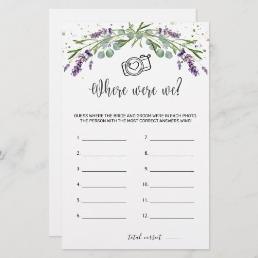 Waar waren we bruidsspel Eucalyptus Lavendel Briefpapier (Voorkant / Achterkant)