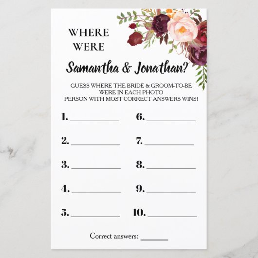 Waar waren Zij Marsala Bloemen Bruidsdouche Spel (Voorkant)