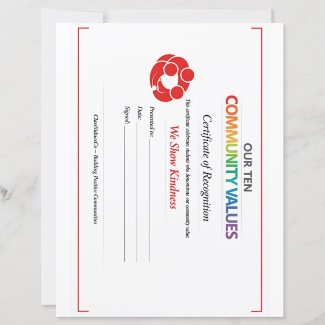 Waarde Inclusie Certificaat 8.5x11 papieren vel  (Voorkant)