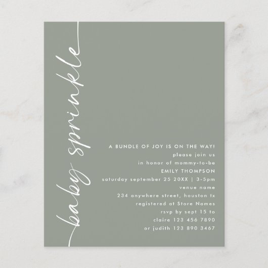 Waarde Script Sage Baby shower Sprinkle Flyer (Voorkant)