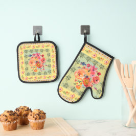 Waarom niet soms vintage stijl waterverf bloemen ovenwant & pannenlap set