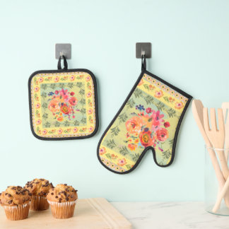 Waarom niet soms vintage stijl waterverf bloemen ovenwant & pannenlap set
