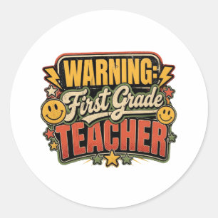 Waarschuwing Eerste Klas Leraar Retro Grunge Grapp Ronde Sticker