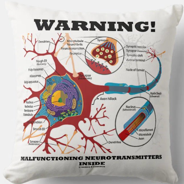 Waarschuwing! Slechte Neurotransmitters Kussen (Throw pillow featuring neuron/synapse along with the funny biopsychology saying)
