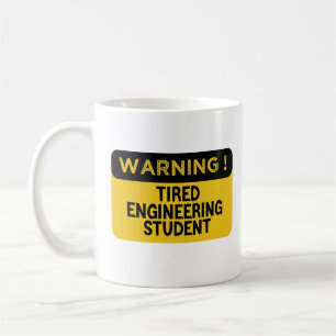 Waarschuwing vermoeide ingenieursstudent koffiemok