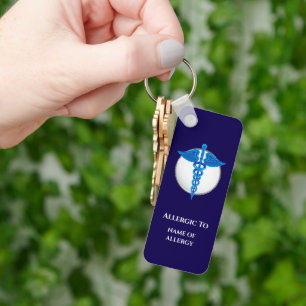 Waarschuwing voor medische allergie blauw caduceus sleutelhanger