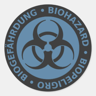 Waarschuwing voor veilig blauw drietalig biogevaar ronde sticker