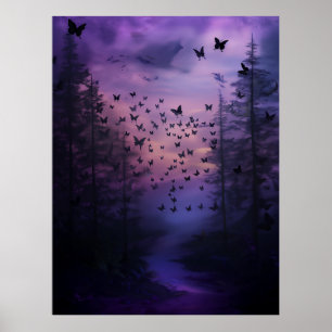 Wabi Sabi Black Butterflies Paarse bos Abstract Poster