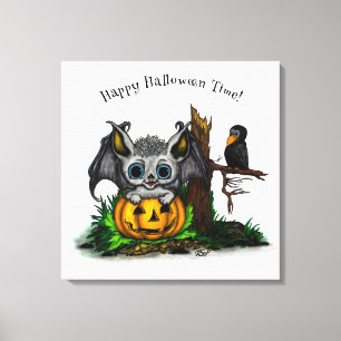 Wachten op Halloween, Schattige Bat en Raven Canvas Afdruk