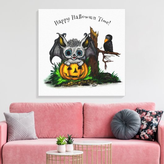 Wachten op Halloween, Schattige Bat en Raven Canvas Afdruk (Insitu (Woonkamer))