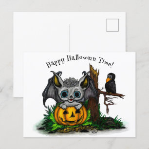 Wachten op Halloween, Schattige Bat en Raven Feestdagenkaart