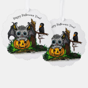 Wachten op Halloween, Schattige Bat en Raven Ornament Kaart