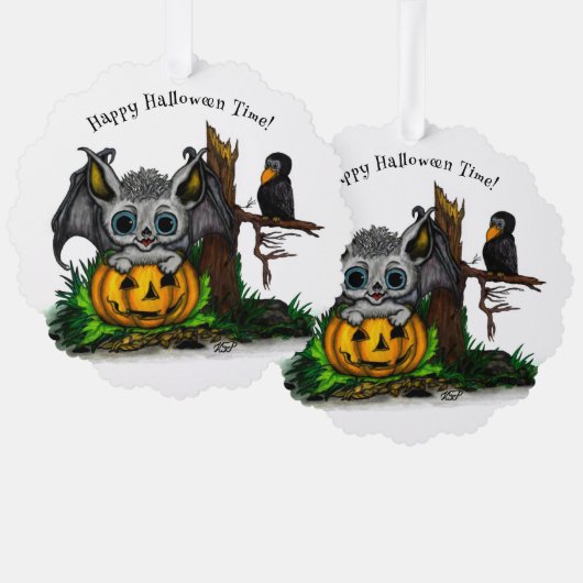 Wachten op Halloween, Schattige Bat en Raven Ornament Kaart (Voorkant / Achterkant)