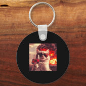 Wacky Cat Holding Wine Selfi With Fire Funny Sungl Sleutelhanger (Voorkant)