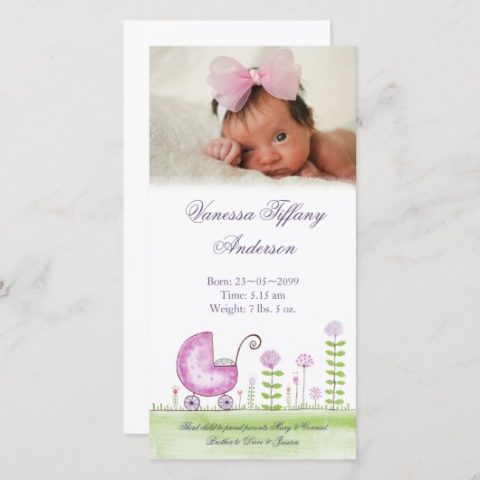 Wagenaankondigingskaartjes voor babymeisjes met fo aankondiging (Voorkant / Achterkant)