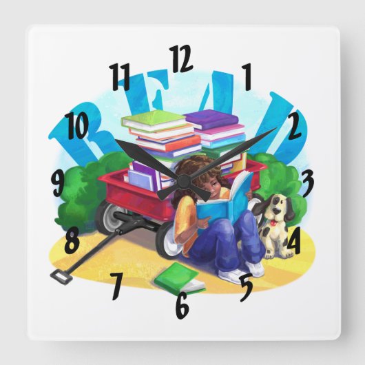 Wagon Kunst voor boek LEZEN Vierkante Klok (Voorkant)
