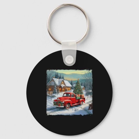 Wagon Rode Vrachtwagen Merry Christmas Tree Snow Sleutelhanger (Voorkant)
