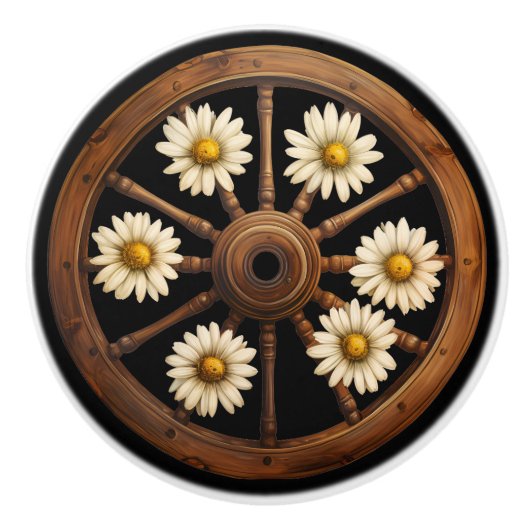 Wagon Wheel White Daisies Rustiek Keramische Knop (Voorkant)