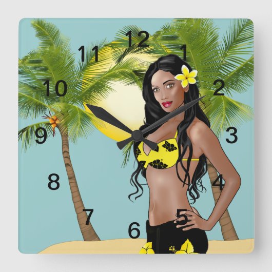 Wahine Pin-up Wall Clock Day Square Vierkante Klok (Voorkant)