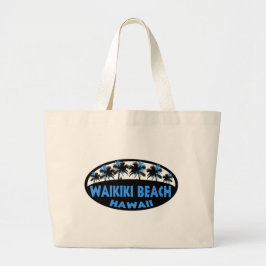 Waikiki Beach Hawaii blauw zwarte palmen canvas ta Grote Tote Bag