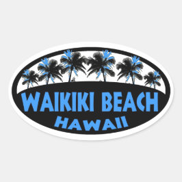 Waikiki Beach Hawaii blauw zwarte palmen ovale sti Ovale Sticker