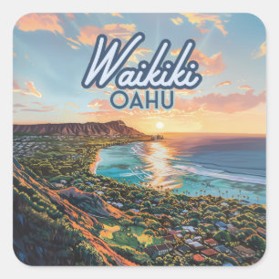 Waikiki Beach Honolulu Oahu Hawaii Retro Vierkante Sticker
