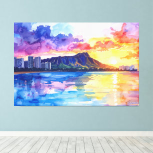 Waikiki en Diamond head Oahu schilderij Canvas Afdruk