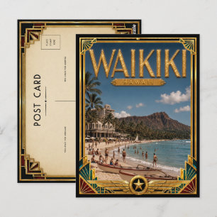 Waikiki Hawaii Vintage Art Deco Gouden Tijdperk Briefkaart