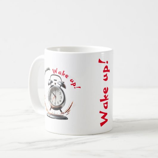 Wakker worden mok met bellende wekker (Voorkant links)
