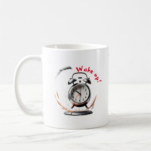 Wakker worden mok met bellende wekker (Links)