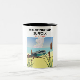 Waldringfield Suffolk reisaffiche. Tweekleurige Koffiemok
