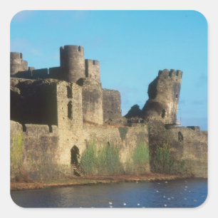 Wales - Caerphilly castle, met een uitzicht van he Vierkante Sticker