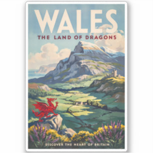 Wales Draak Illustratie Reis Kunst Vintage Sticker
