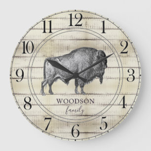 Walkende Bison Buffalo Rustic Wood Familienaam Grote Klok