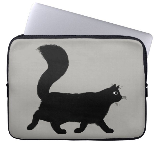 Walking Black Cat | Koel Kat met Fluffy Tail Laptop Sleeve (Voorkant)