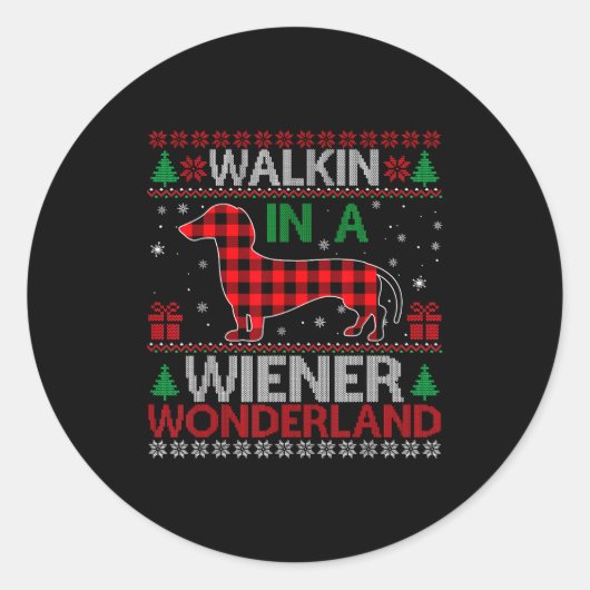 Walking In A Wiener Wonderland Funny Dachshund Chr Ronde Sticker (Voorkant)