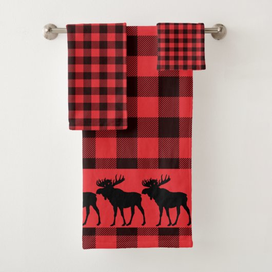 Walking Moose Silhouette Red Black Plaid Pattern Bad Handdoek (Insitu)