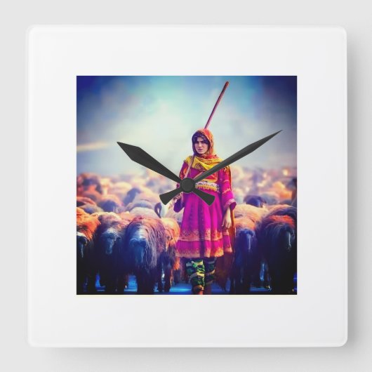 wall clock Afghan design Vierkante Klok (Voorkant)