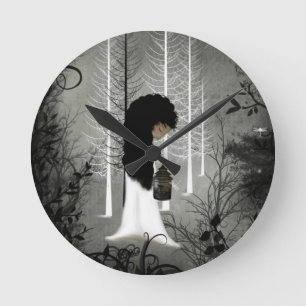 Wall Clock Black en White Woodland Girl Ronde Klok