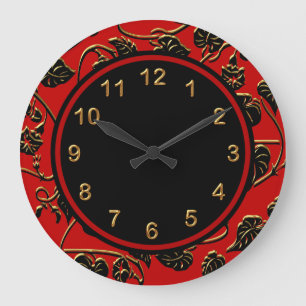 Wall Clock Black Red Gold Trim Damask Floral Grote Klok