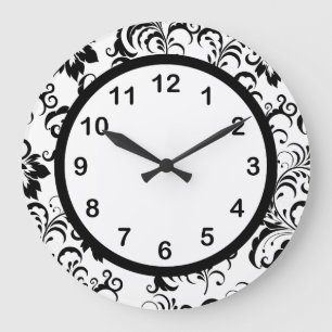 Wall Clock Black White Trim Damask Floral (3) Grote Klok