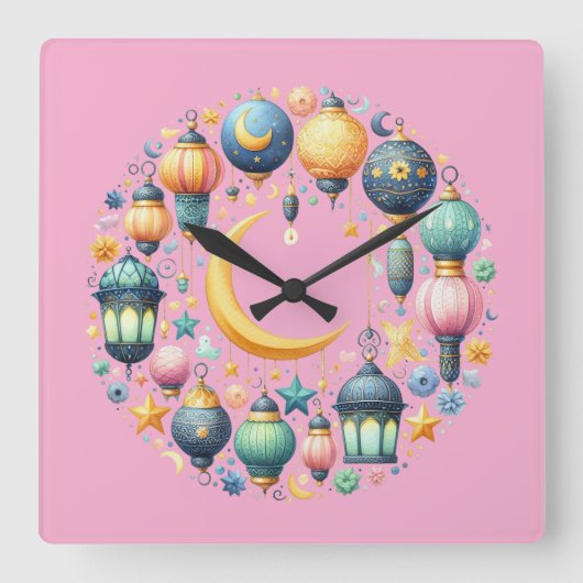 Wall Clock-Eid Mubarak Wreath Wall Clock Vierkante Klok (Voorkant)