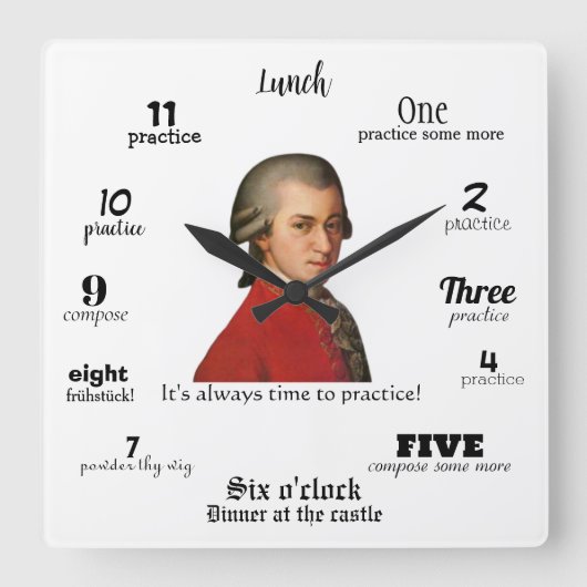 Wall Clock - Mozart - It's always time to practice Vierkante Klok (Voorkant)