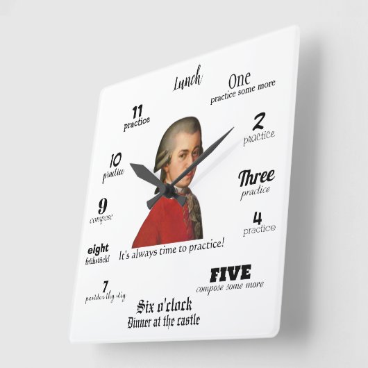 Wall Clock - Mozart - It's always time to practice Vierkante Klok (Hoek)
