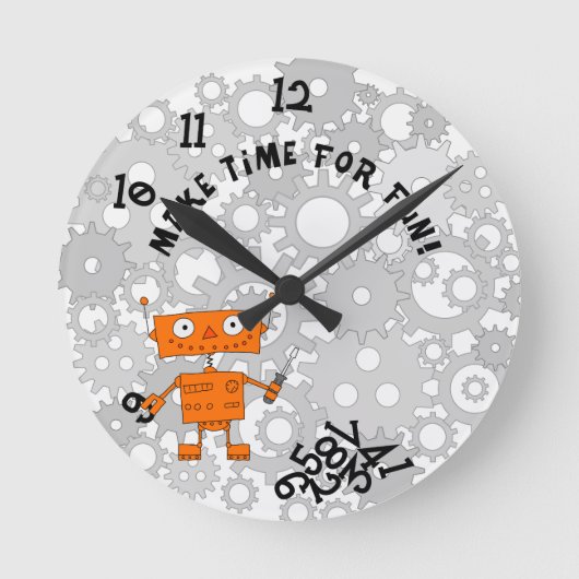 Wall Clock with Orange Robot Ronde Klok (Voorkant)