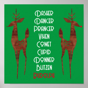Wall Poster - Santa's Reindeer - Rudolph Red Nose