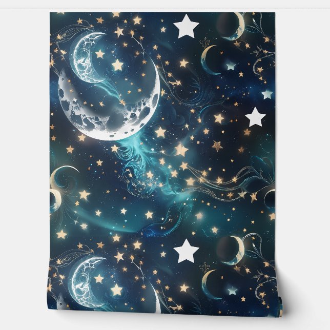 Wallpaper - Icy Blue Celestial Moon Phases Behang (Afrollen)