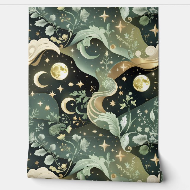 Wallpaper - Sage Green Celestial Moon Behang (Afrollen)