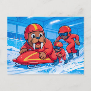 Walrus die een bobsleerun start op een besneeuwd p briefkaart