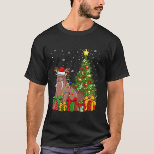 Walrus Kerstboom Verlichting Santa Hat Walrus Kers T-shirt (Voorkant)